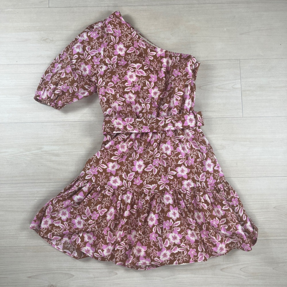 Jason Wu Floral One Shoulder Mini Dress Brown Pink Sz XS - Picture 8 of 8